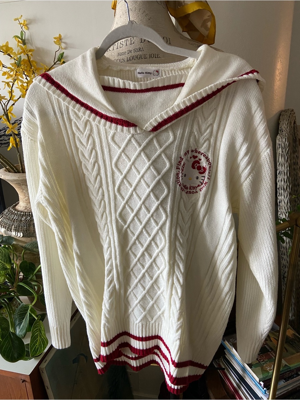Hello Kitty Cream Cable-Knit Sailor Sweater with Red Trim